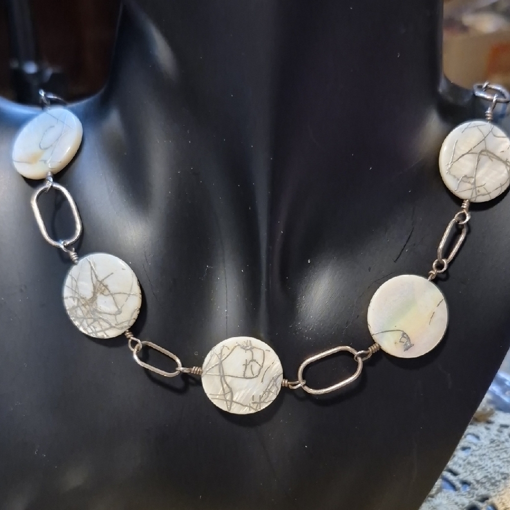 Vintage Mother Of Pearl Beads And 925 Sterling Silver Necklace